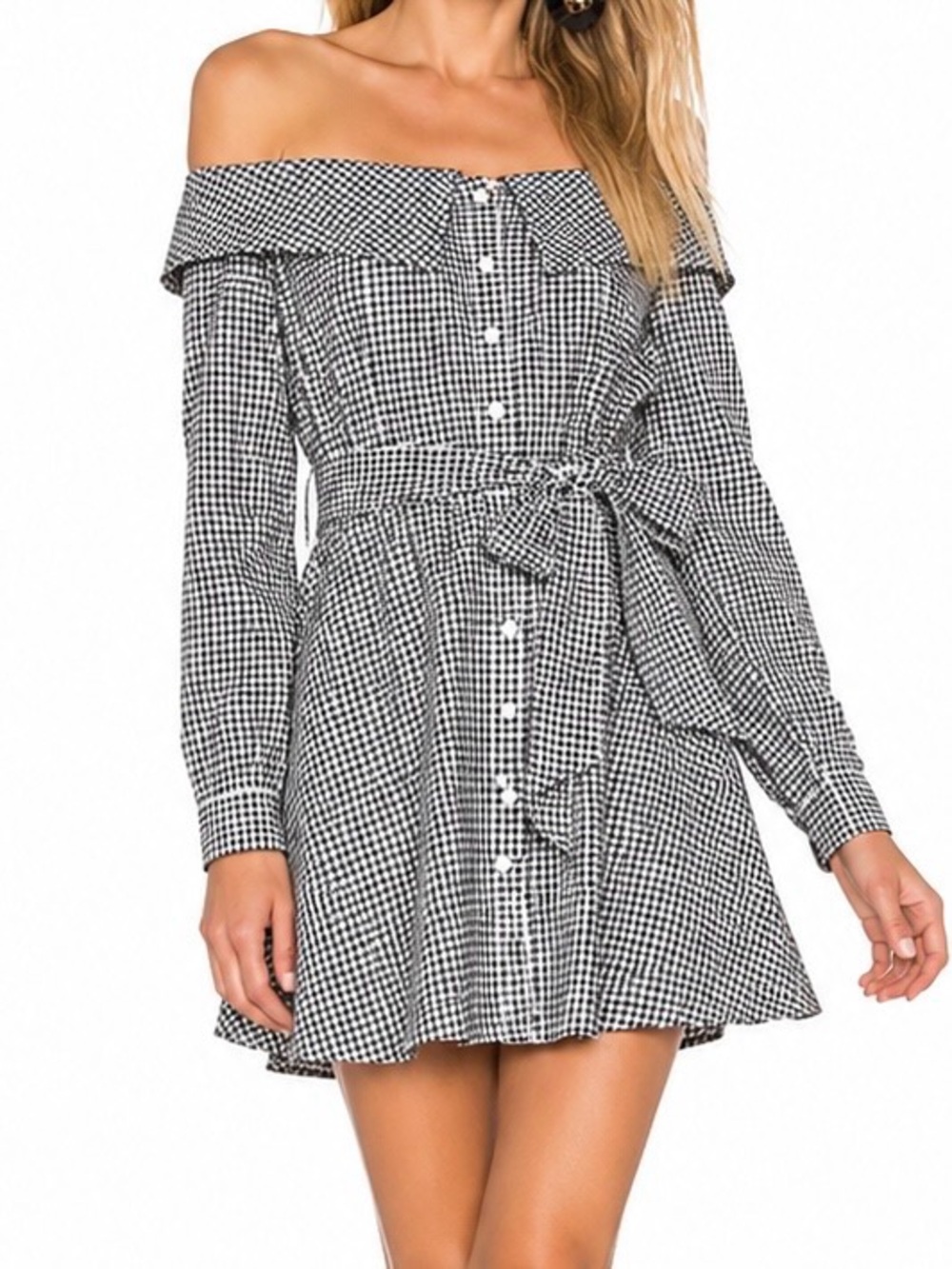 NWOT - L’Academie Off Shoulder Gingham Mini Dress Black White XS
